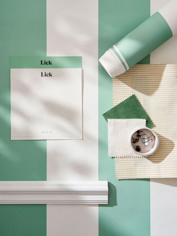 Moodboard using Painted Stripe 01 wallpaper design, Lick paint samples and interior accessories