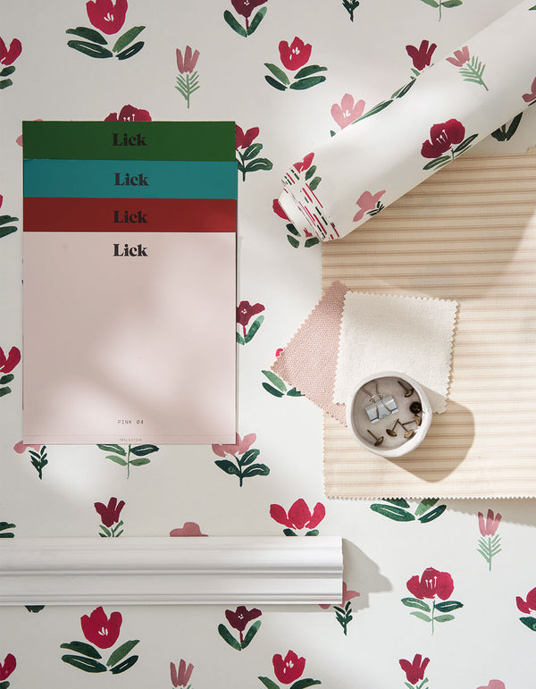 Moodboard using Petals 01 wallpaper design, Lick paint samples and interior accessories