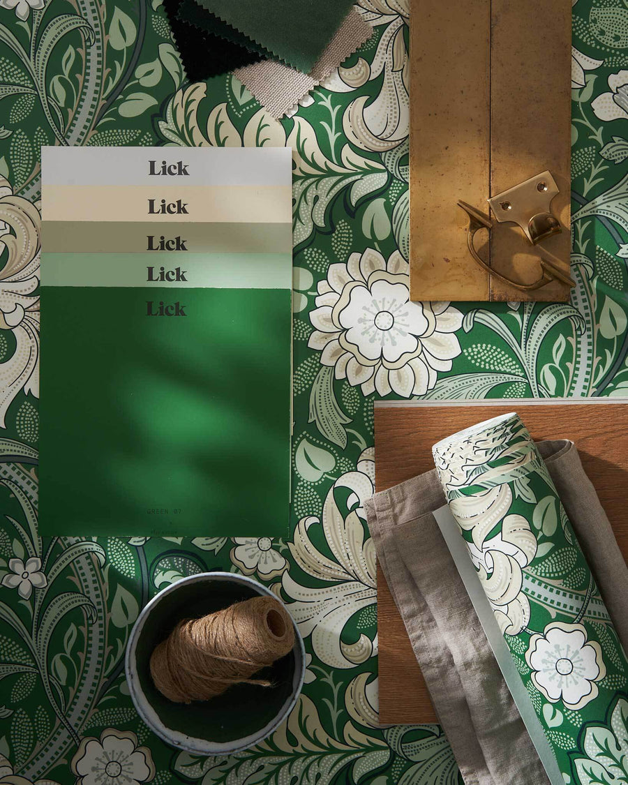 Moodboard using Wildflowers 02 wallpaper design, Lick paint samples and interior accessories