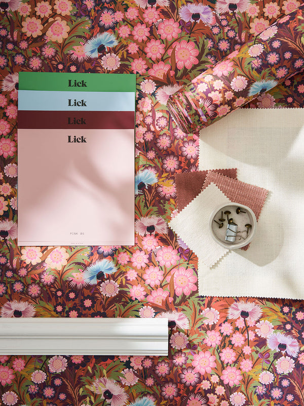 Moodboard using Keepers Cottage 03 wallpaper design, Lick paint samples and interior accessories