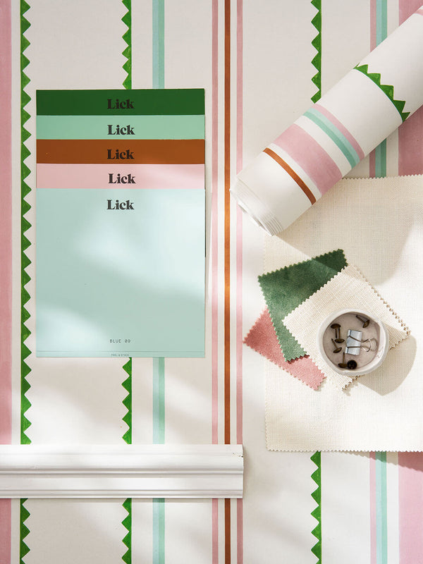 Moodboard using ZigZag 01 wallpaper design, Lick paint samples and interior accessories