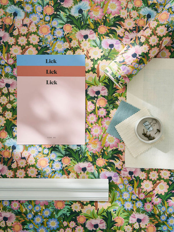Moodboard using Keepers Cottage 01 wallpaper design, Lick paint samples and interior accessories