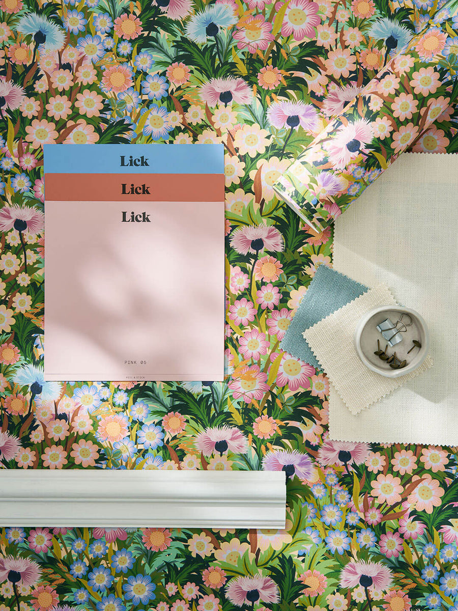 Moodboard using Keepers Cottage 01 wallpaper design, Lick paint samples and interior accessories