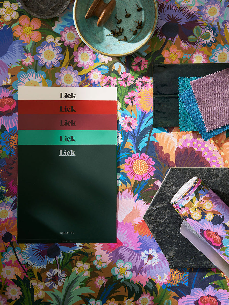 Moodboard using Bloomastic 01 wallpaper design, Lick paint samples and interior accessories
