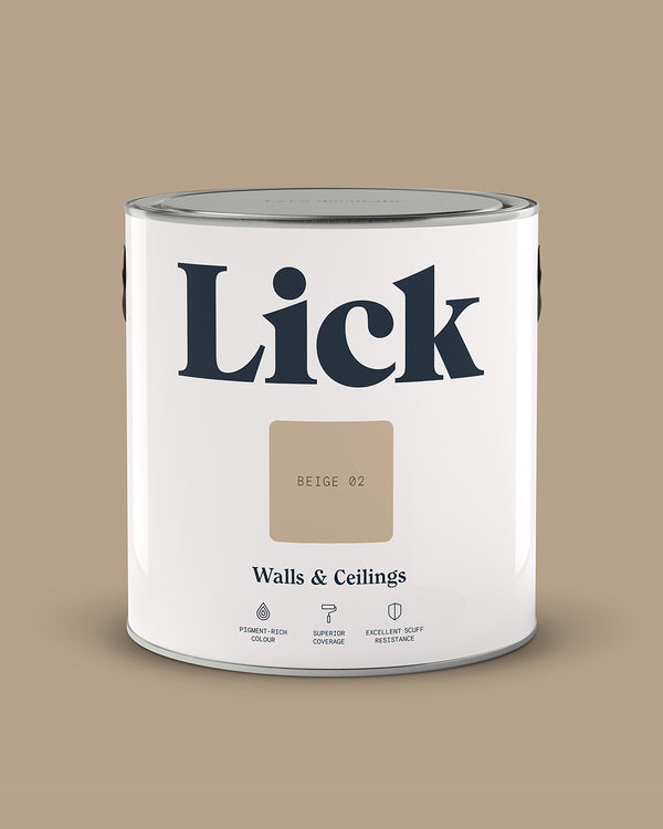 Close up of Lick tin in Beige 02 Soho Farmhouse paint shade