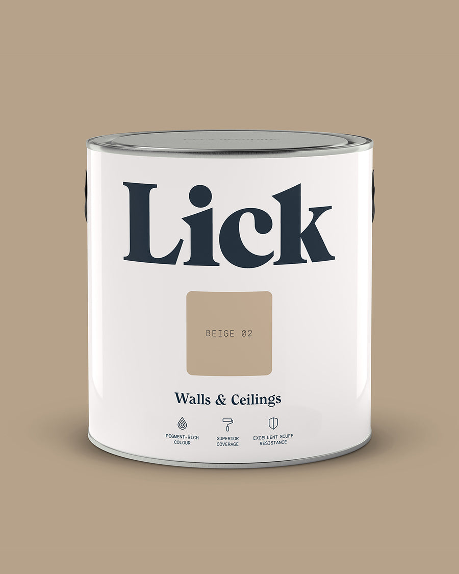 Close up of Lick tin in Beige 02 Soho Farmhouse paint shade