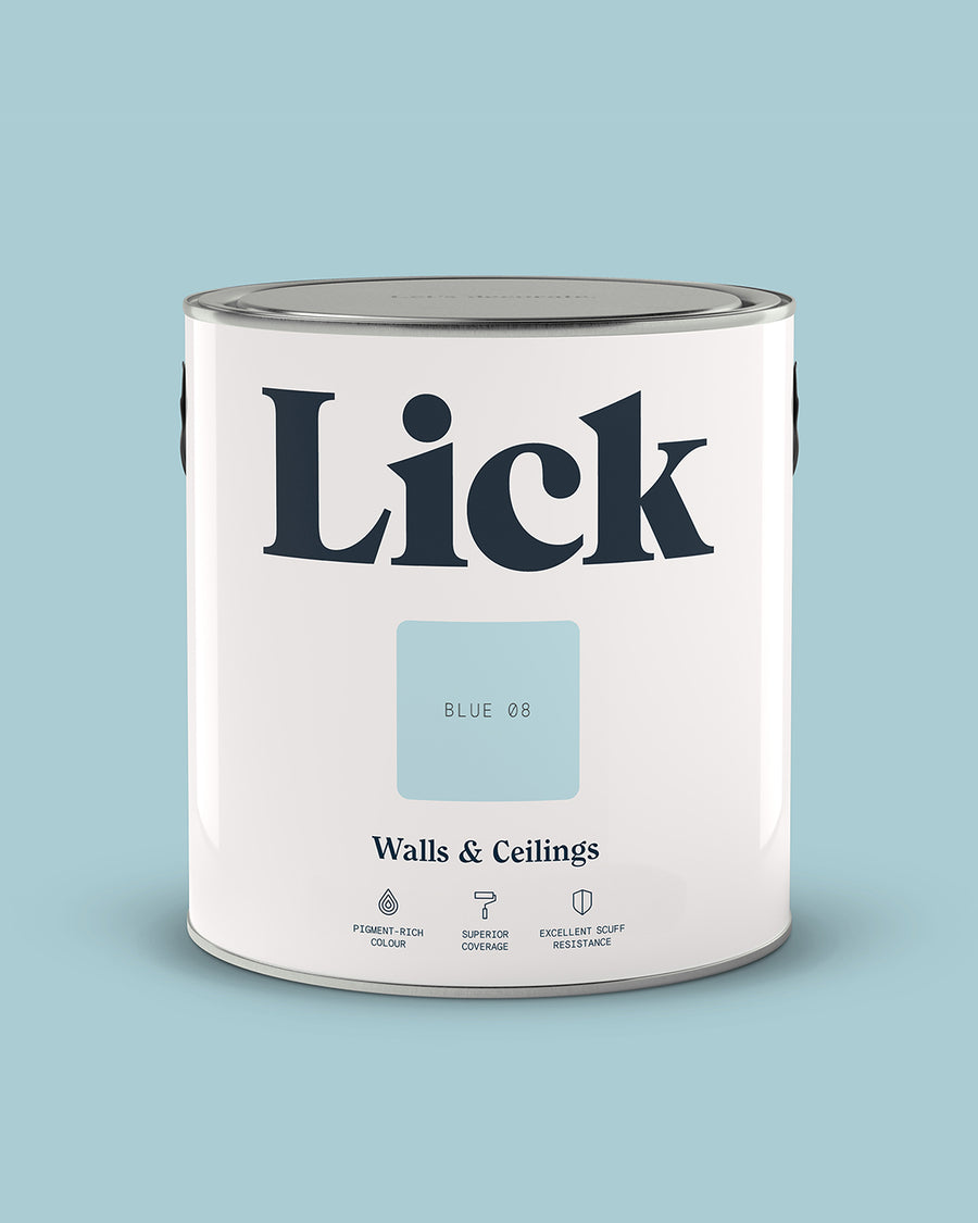 Paint tin of Lick Blue 08
