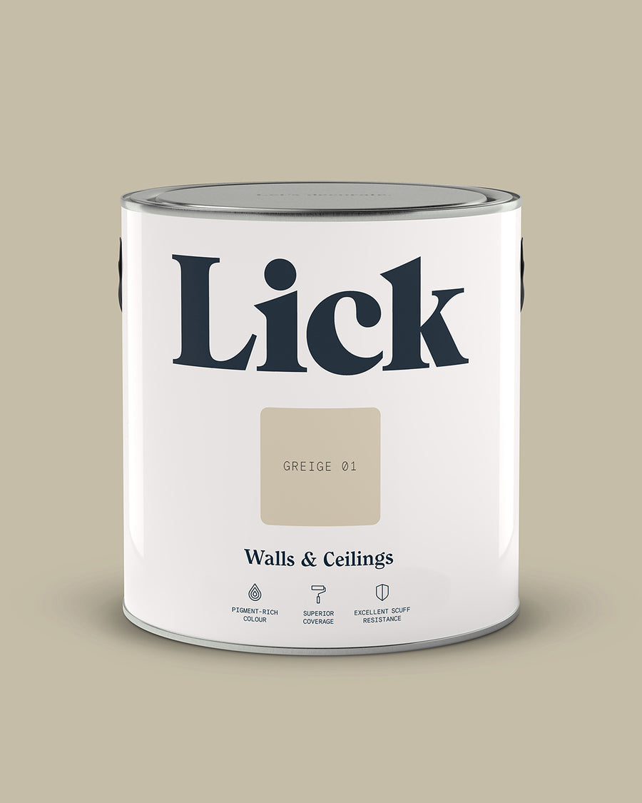 Close up of Lick tin in Greige 01 paint shade
