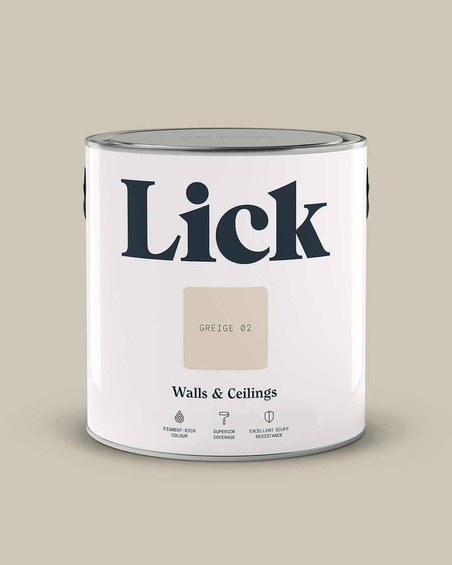 Close up of Lick tin in Greige 02 paint shade