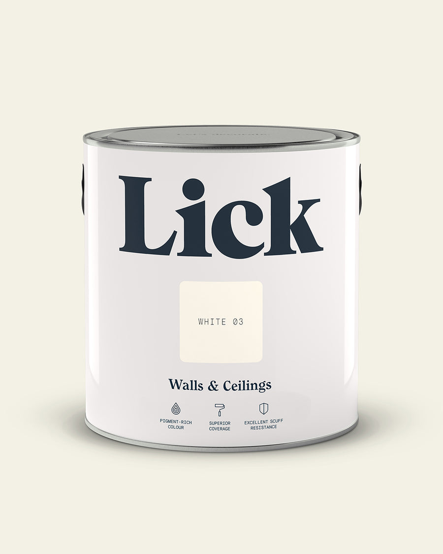 Close up of Lick tin in White 03 paint shade