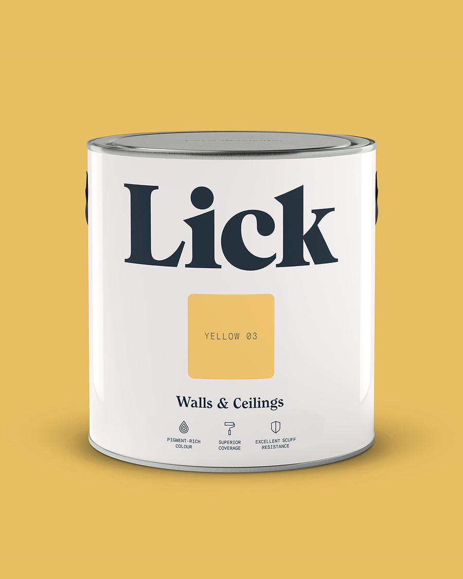 Close up of Lick tin in Yellow 03 paint shade
