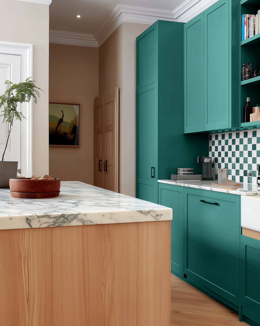 Kitchen painted in Lick Teal 06