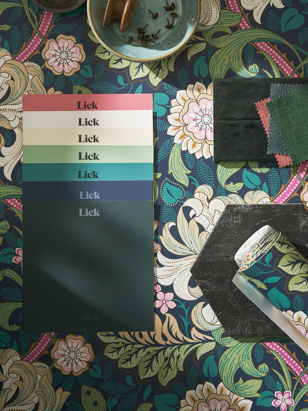 Moodboard using Wildflowers 01 wallpaper design, Lick paint samples and interior accessories