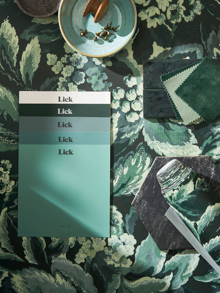 Moodboard using Foliage 01 wallpaper design, Lick paint samples and interior accessories