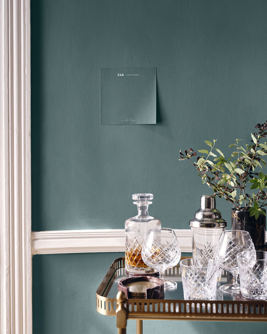 Lick Teal 03 76 Dean Street sample on a wall decorated in Lick Teal 03 paint shade