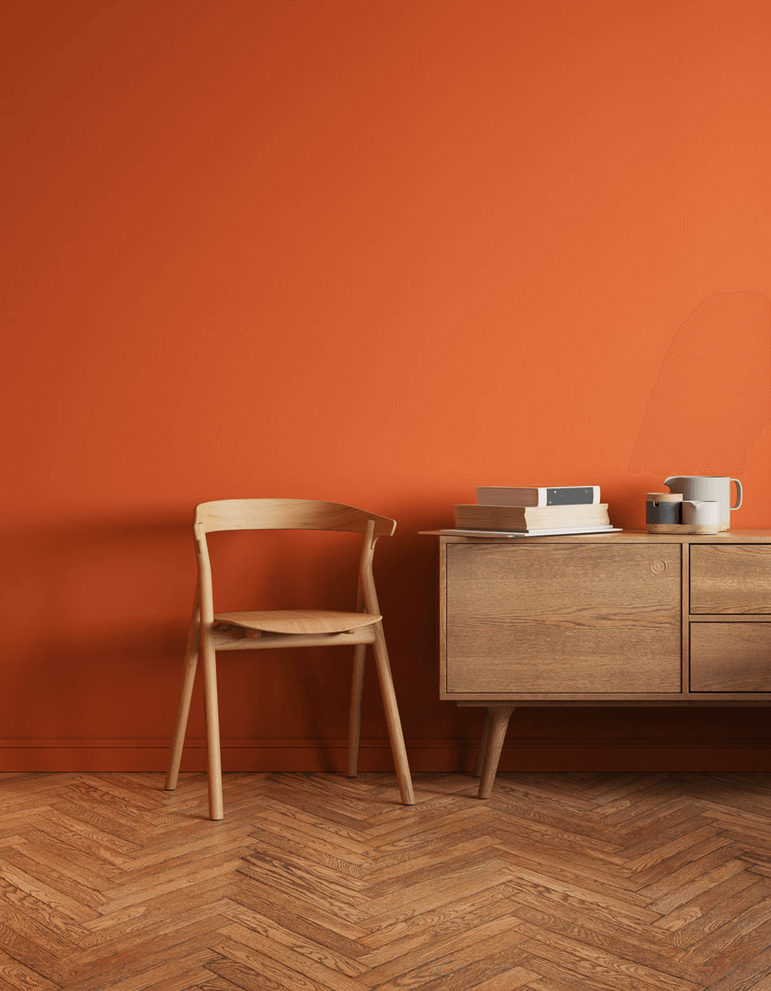 Living room decorated in Lick Orange 01 paint shade