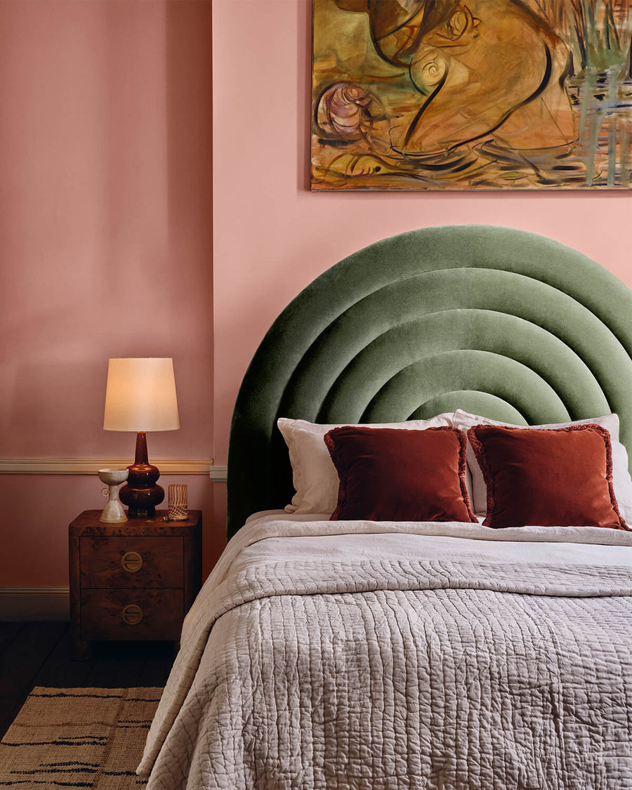 Bedroom decorated in Lick Pink 13 Nashville House paint shade